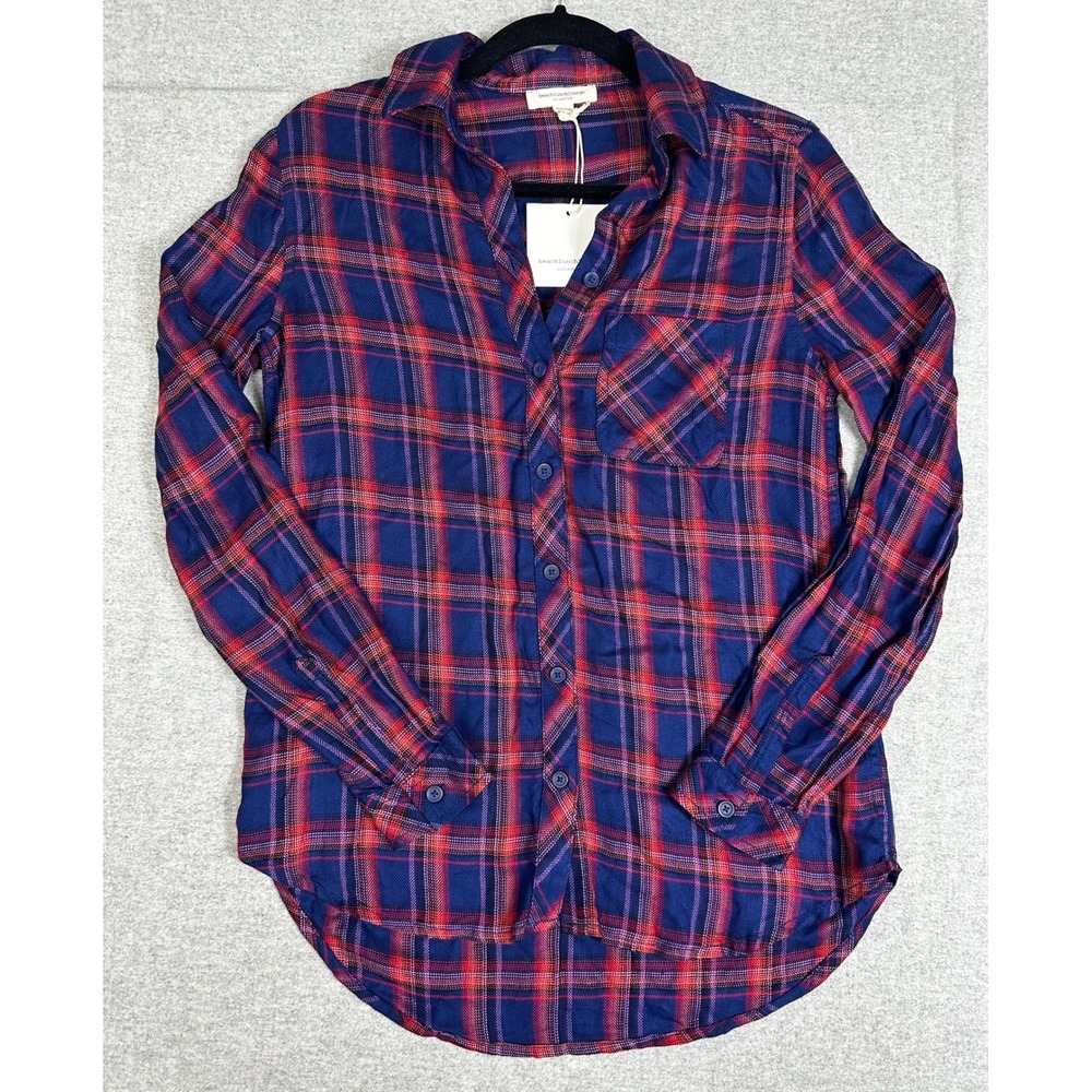 NWT Beachlunchlounge Charley Shirt Womens XS Bombay Blue Red Plaid Rayon